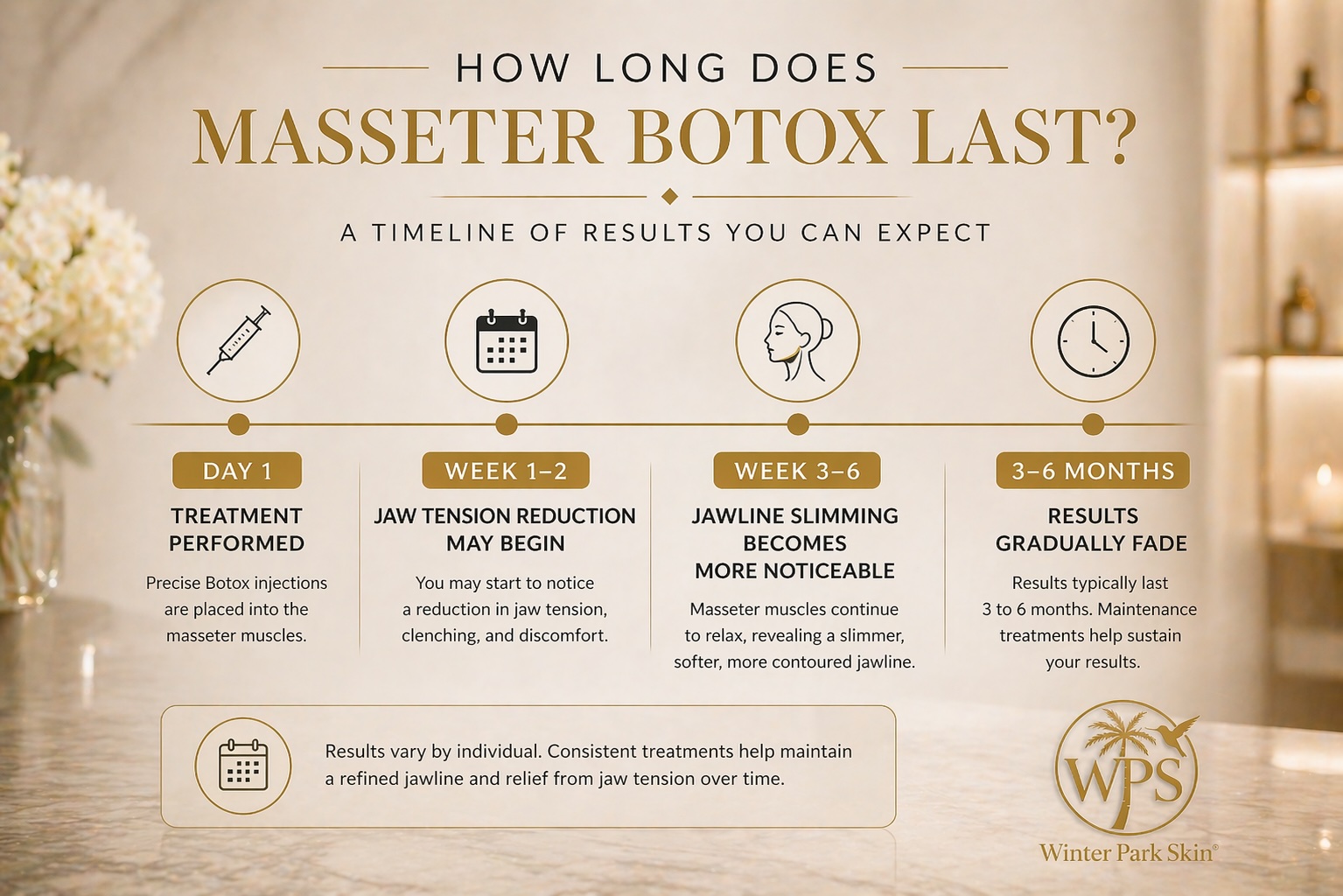 Masseter Botox Results Timeline Orlando | Winter Park Skin Masseter Botox results timeline in Orlando showing jaw slimming and jaw tension relief progression