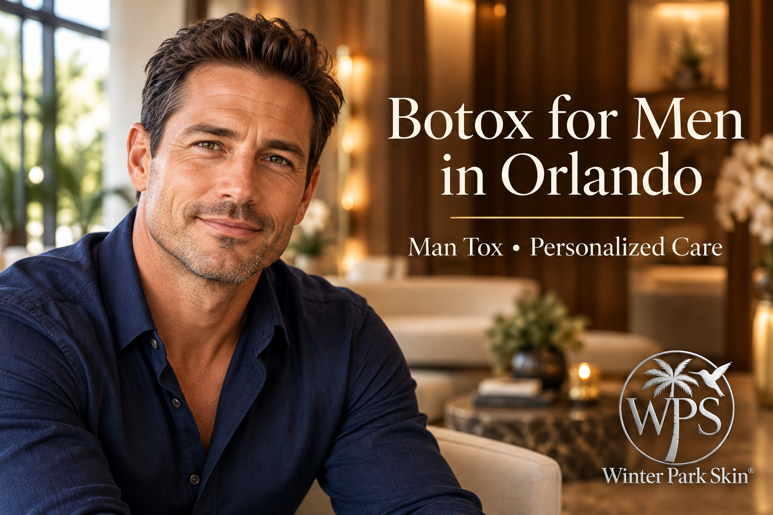 Winter Park Skin graphic featuring a man in a warm spa setting with the wording “Botox for Men in Orlando” and “Man Tox • Personalized Care.”